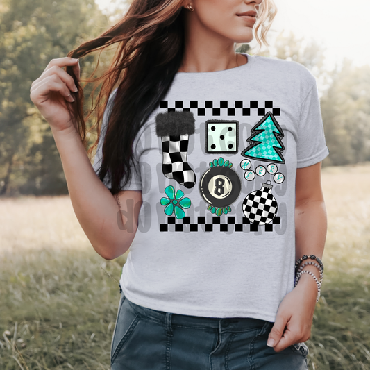 Checkered and teal Christmas collage - DTF TRANSFER (BWDD)