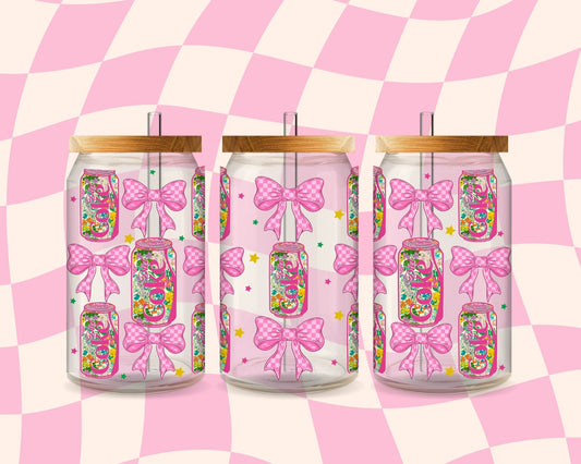DC floral bow coquette grid - UV dtf wrap 16oz libbey : MMDD