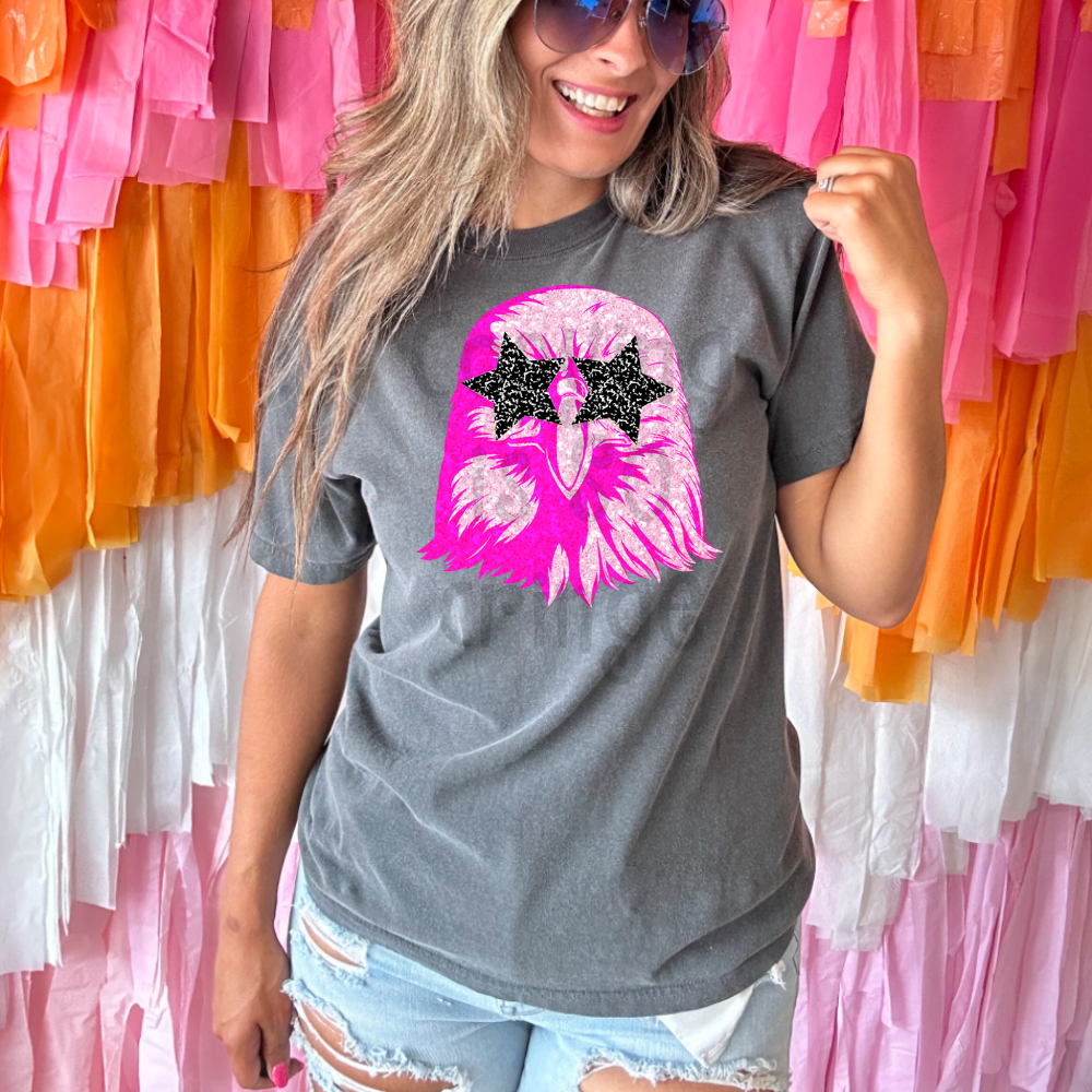 Preppy pink faux glitter star eyes football mascot teams - DTF TRANSFER (TCC)