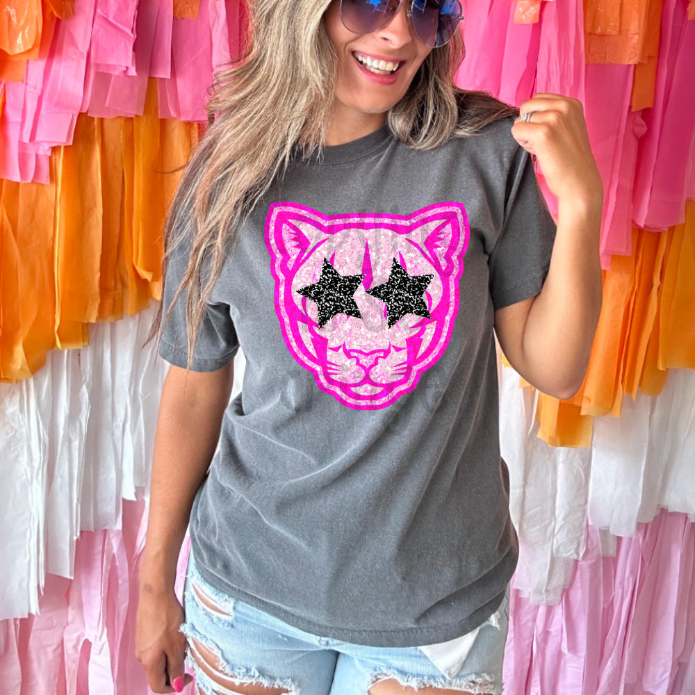 Preppy pink faux glitter star eyes football mascot teams - DTF TRANSFER (TCC)