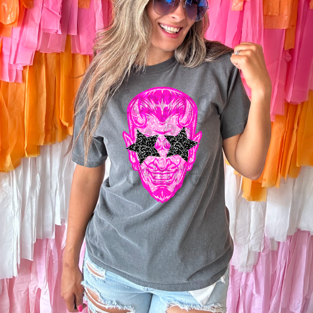 Preppy pink faux glitter star eyes football mascot teams - DTF TRANSFER (TCC)