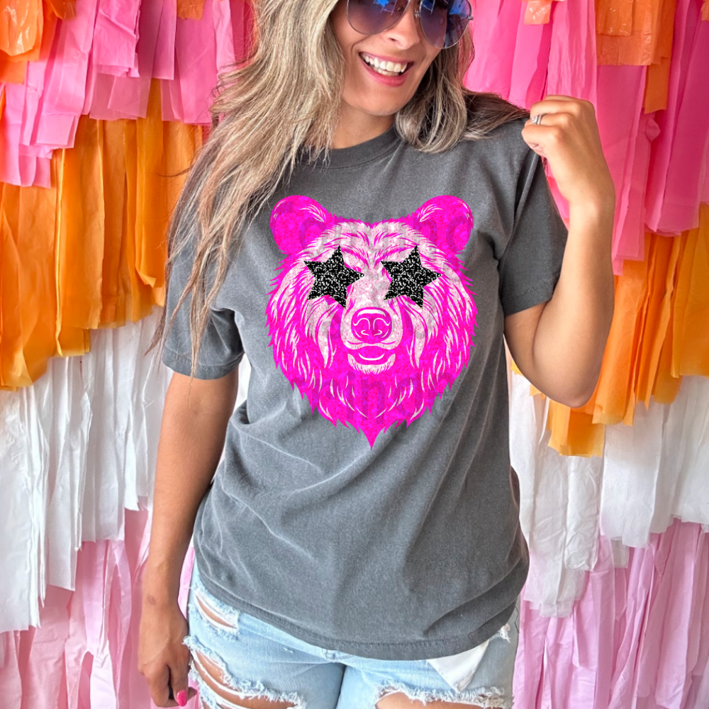 Preppy pink faux glitter star eyes football mascot teams - DTF TRANSFER (TCC)