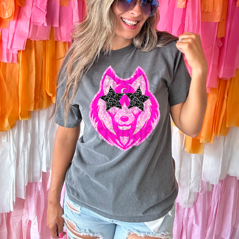 Preppy pink faux glitter star eyes football mascot teams - DTF TRANSFER (TCC)