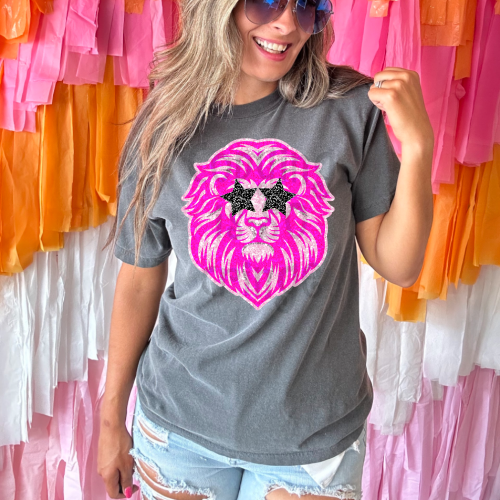 Preppy pink faux glitter star eyes football mascot teams - DTF TRANSFER (TCC)