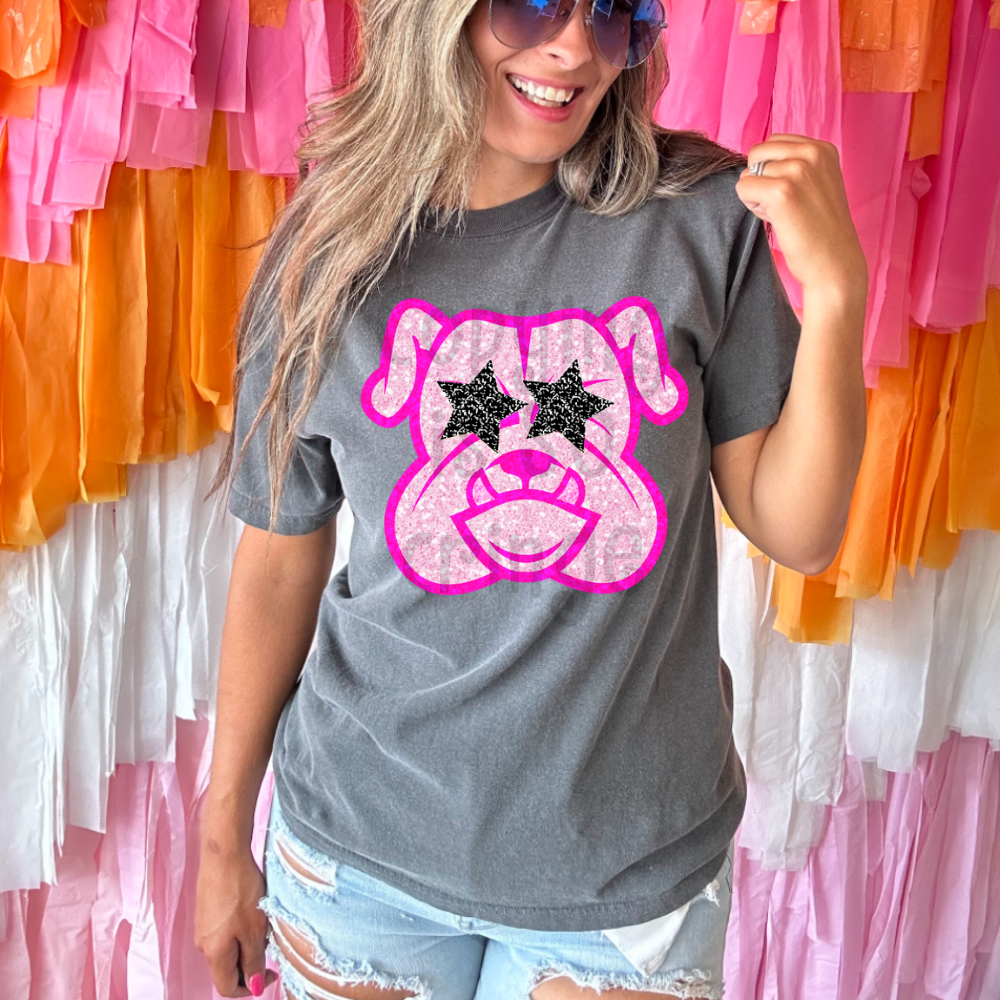 Preppy pink faux glitter star eyes football mascot teams - DTF TRANSFER (TCC)