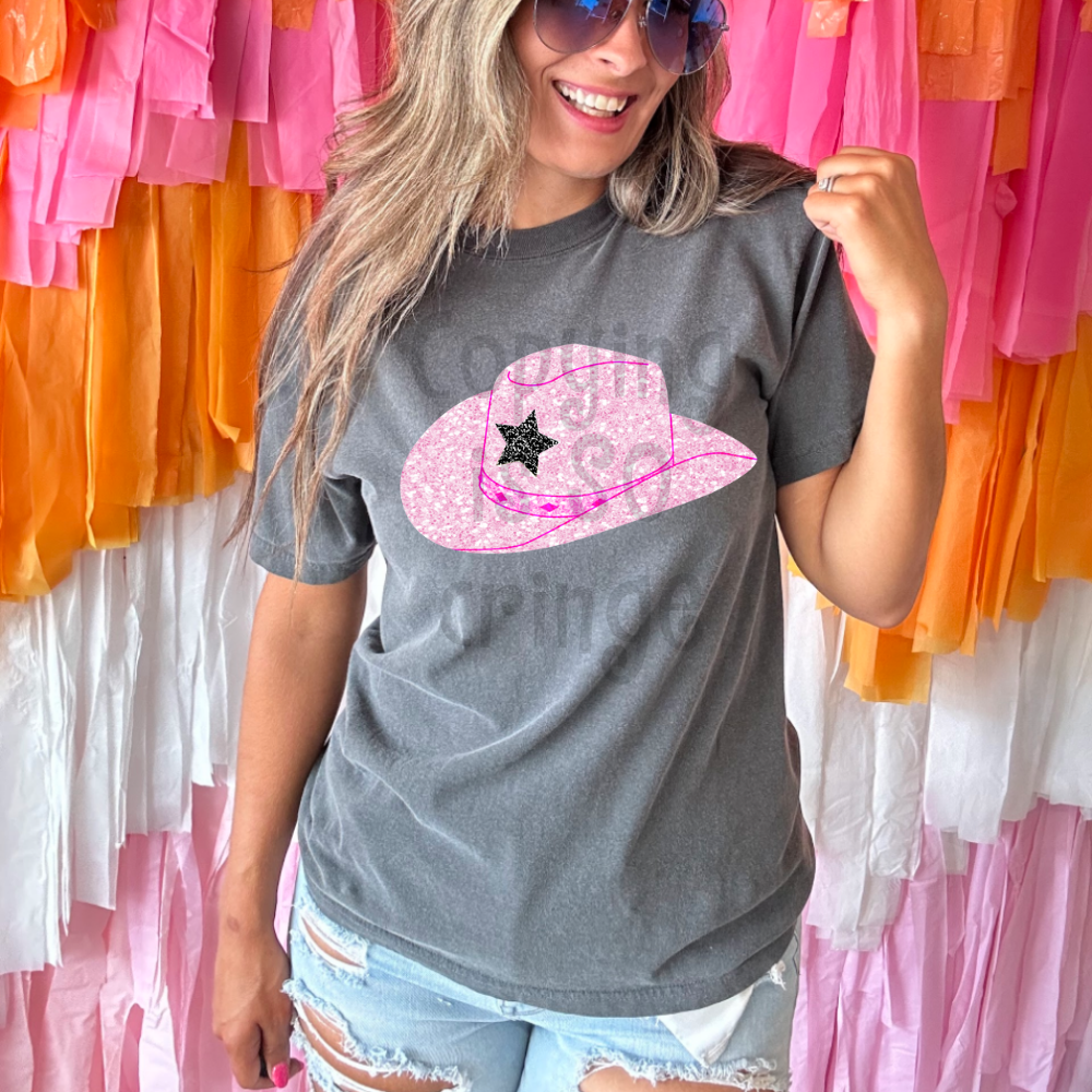 Preppy pink faux glitter star eyes football mascot teams - DTF TRANSFER (TCC)