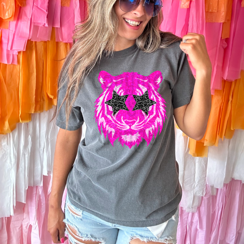 Preppy pink faux glitter star eyes football mascot teams - DTF TRANSFER (TCC)