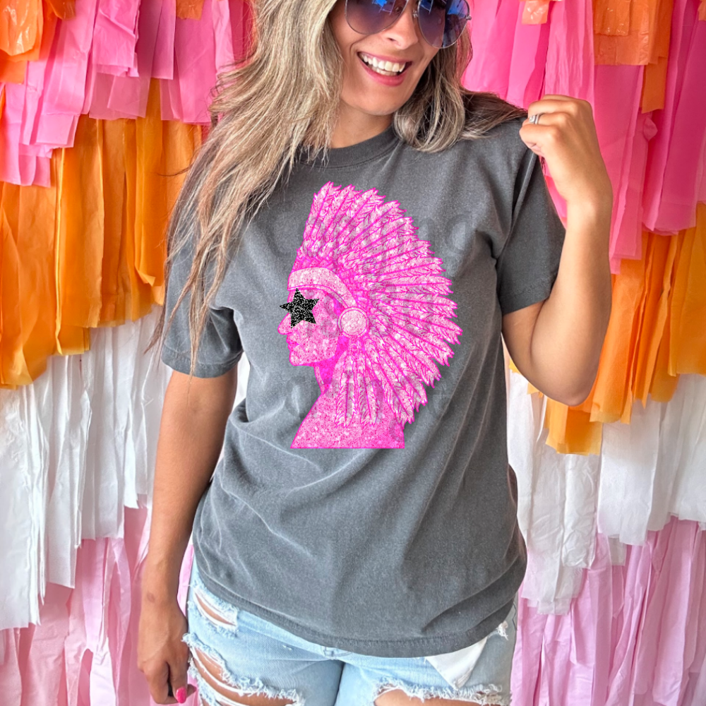 Preppy pink faux glitter star eyes football mascot teams - DTF TRANSFER (TCC)