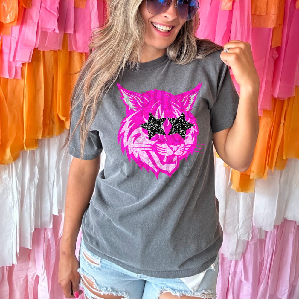 Preppy pink faux glitter star eyes football mascot teams - DTF TRANSFER (TCC)