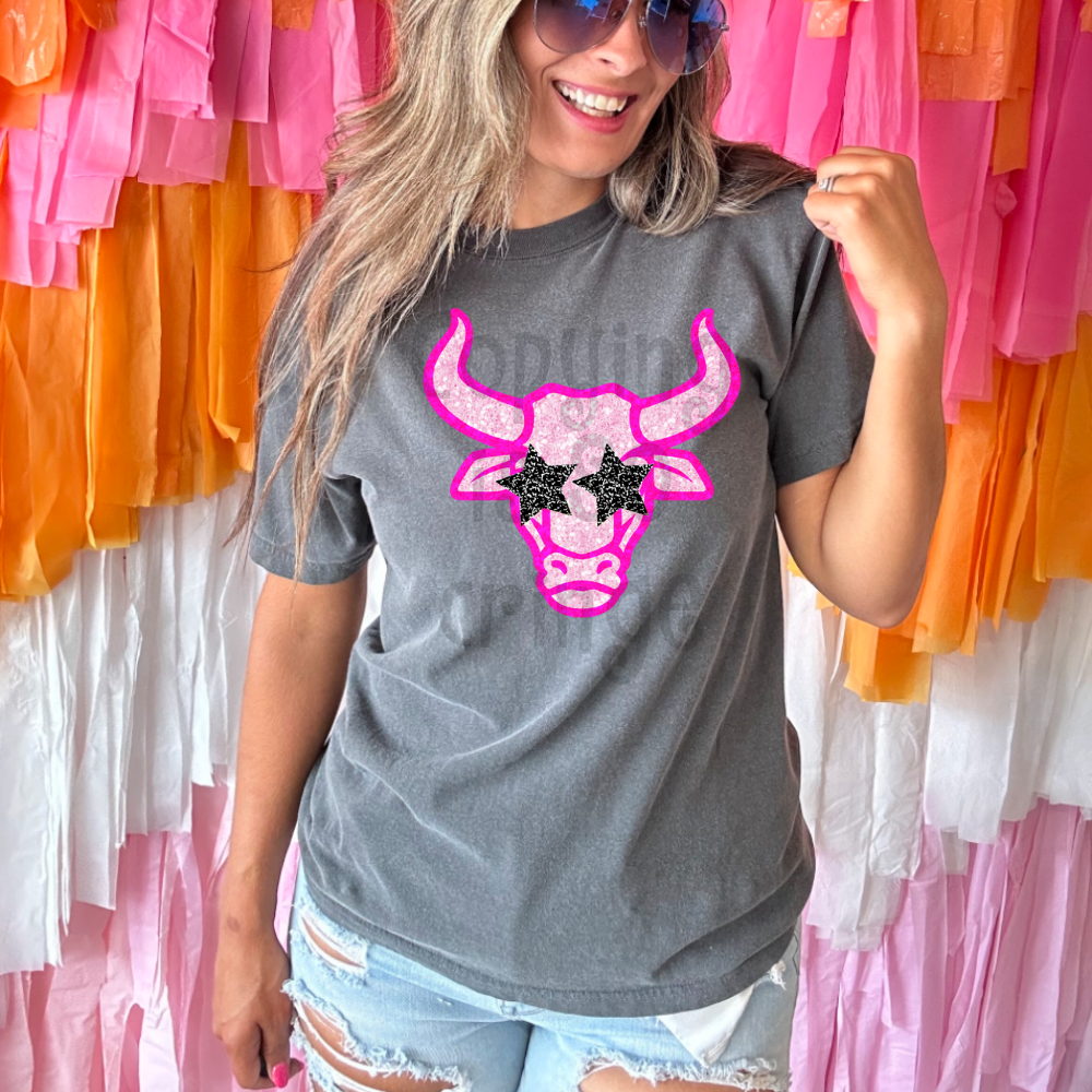 Preppy pink faux glitter star eyes football mascot teams - DTF TRANSFER (TCC)