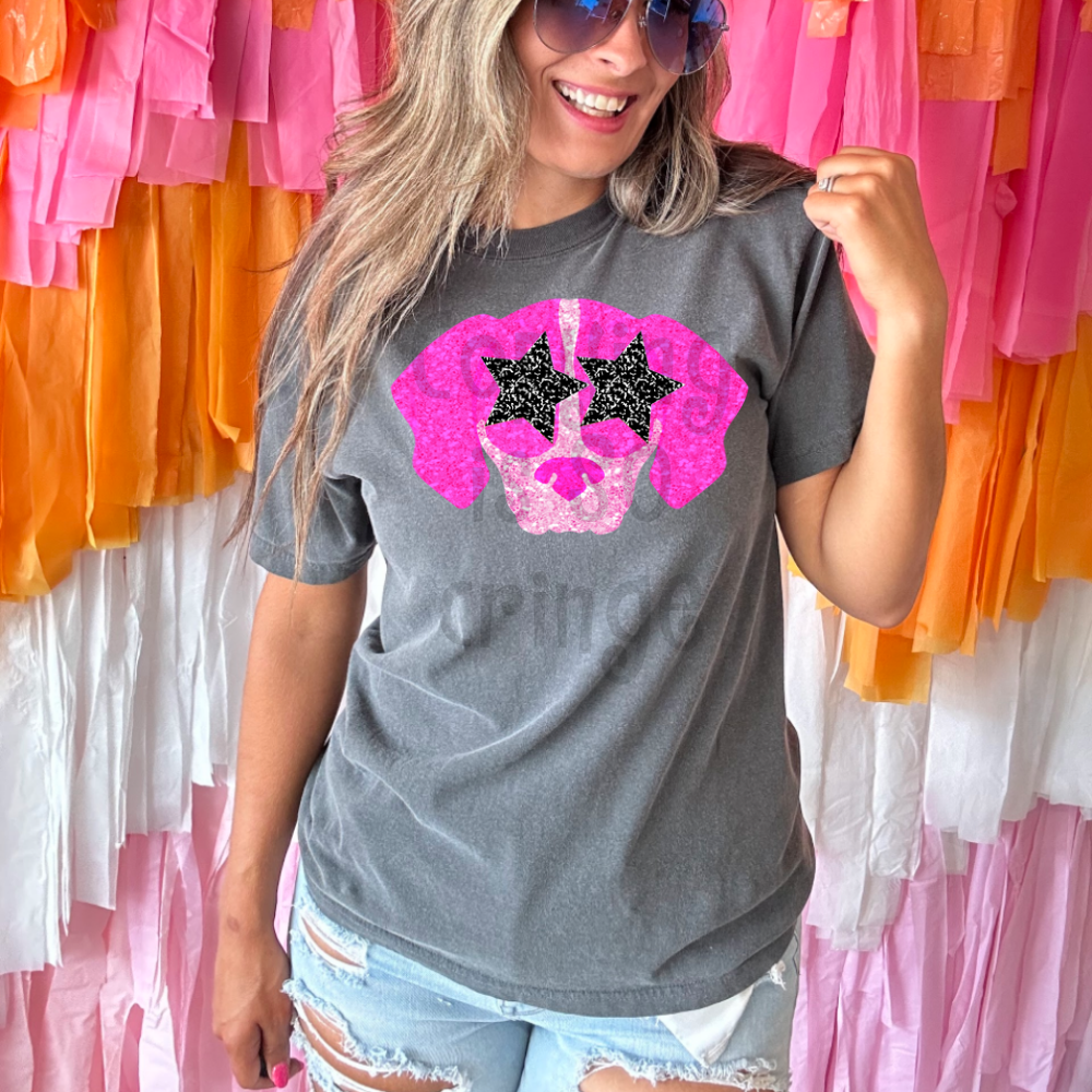Preppy pink faux glitter star eyes football mascot teams - DTF TRANSFER (TCC)