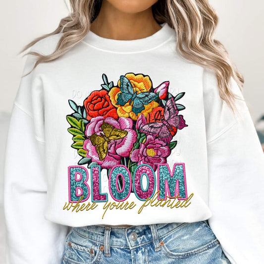 Bloom where you're planted faux sequin and embroidery flowers - DTF TRANSFER (KD collab)