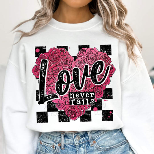Love never fails heart roses checkered - DTF TRANSFER (KD collab)