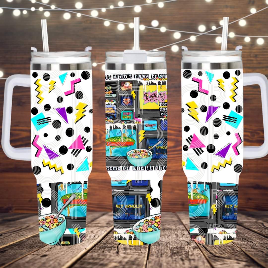 Saturday morning cartoons 90s ; UV DTF 40OZ TUMBLER Wraps (top & bottom) (TED)