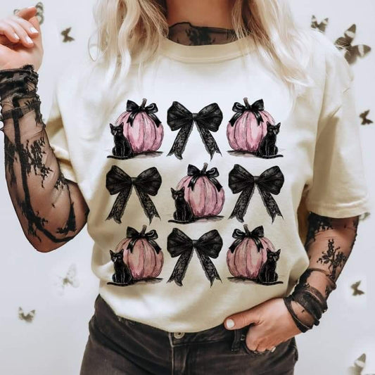 Black cats pink pumpkins grid bows coquette - DTF TRANSFER (ULF)