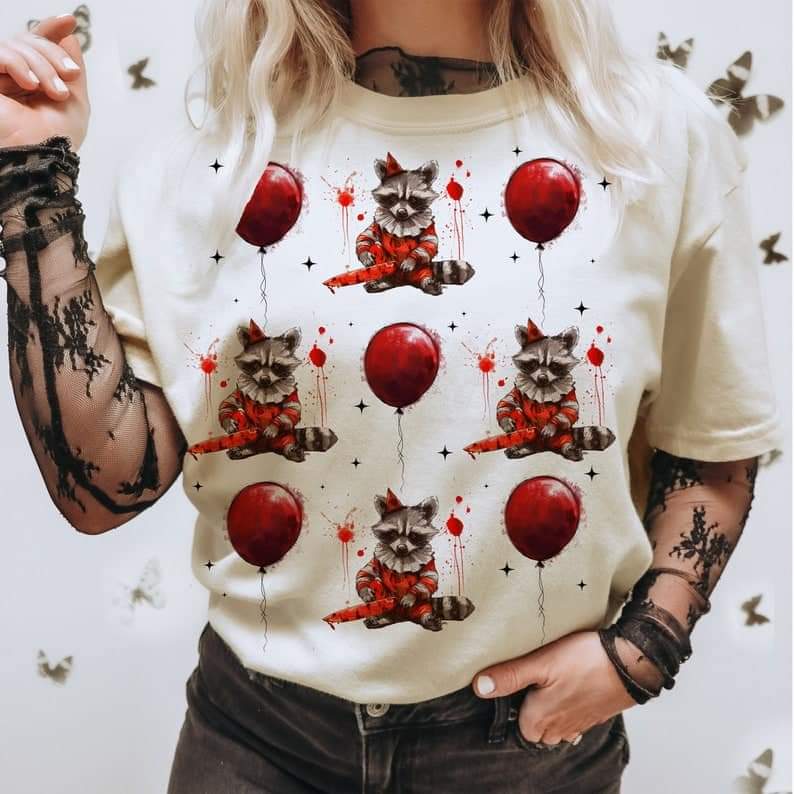 Raccoon red balloon grid - DTF TRANSFER (ULF)