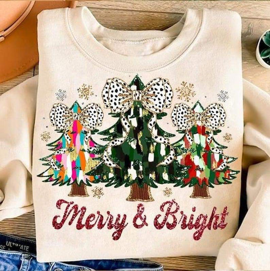 Merry & Bright paint strokes Christmas trees - DTF TRANSFER