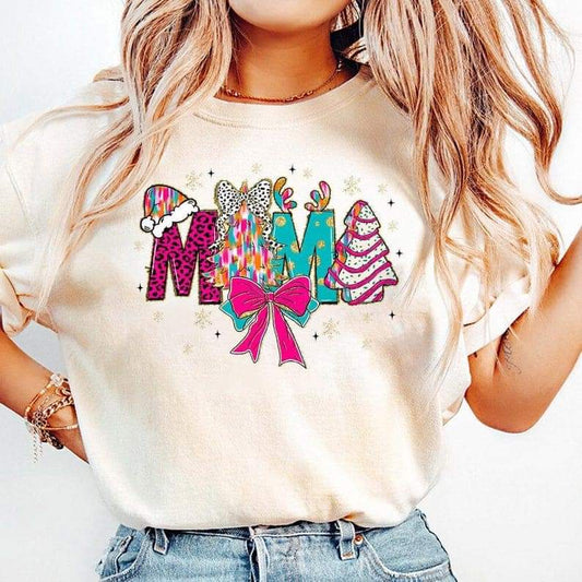 Mama pink aqua paint strokes Christmas tree - DTF TRANSFER