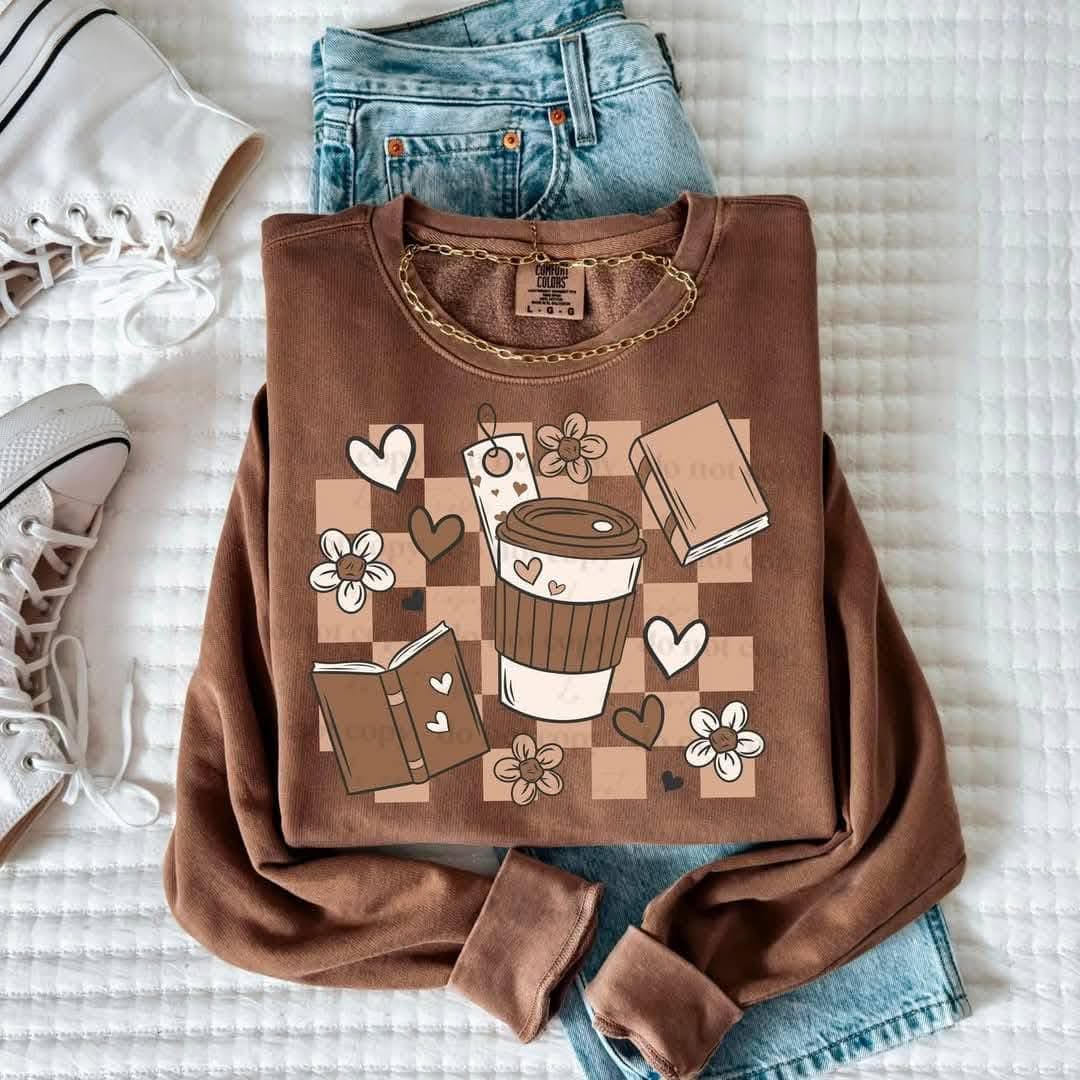 Coffee & books boho checkered - DTF TRANSFER (CSC)