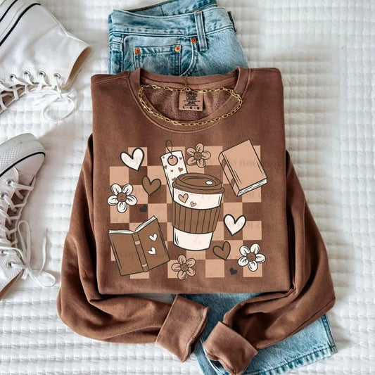 Coffee & books boho checkered - DTF TRANSFER (CSC)