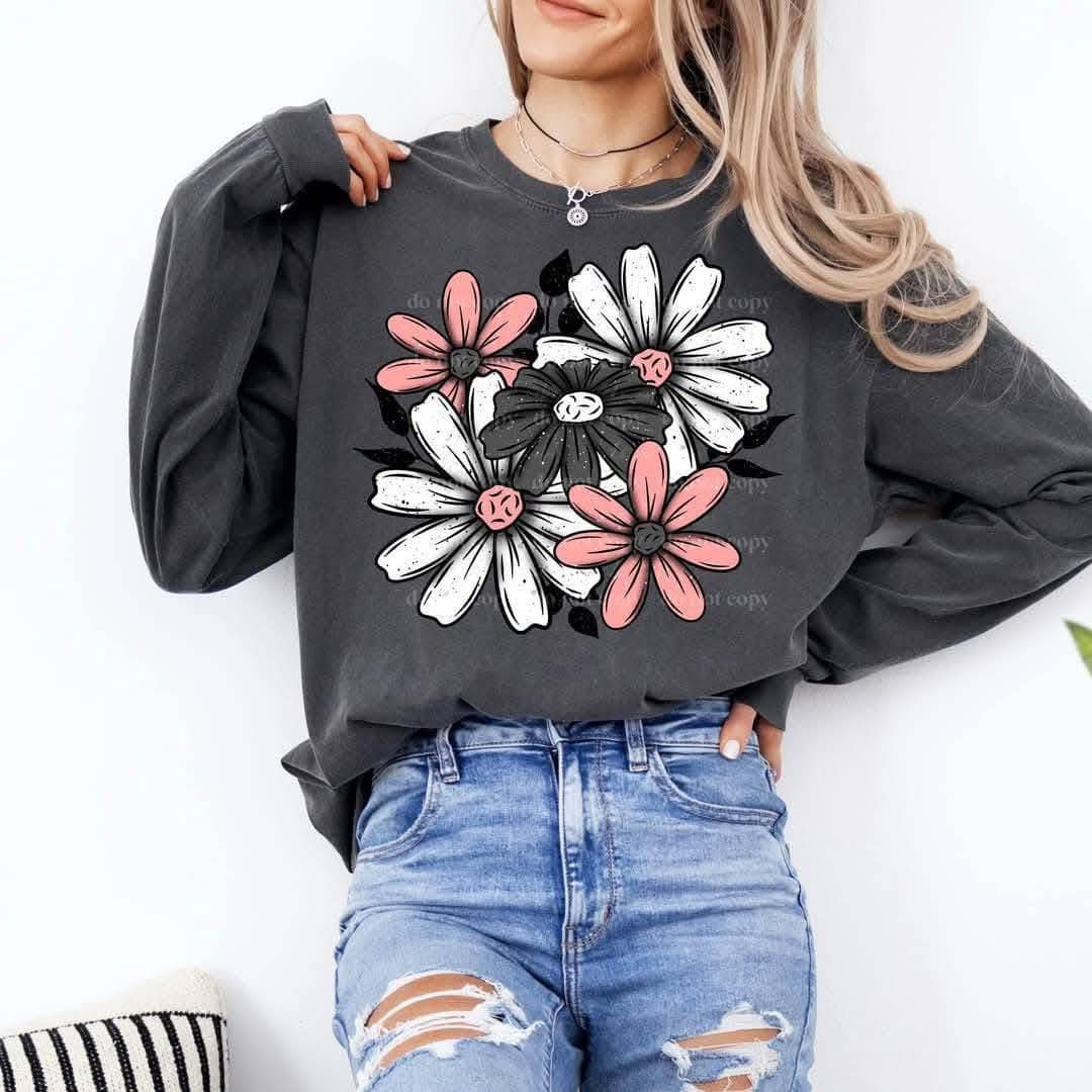 Floral bouquet pink white black - DTF TRANSFER (CSC)