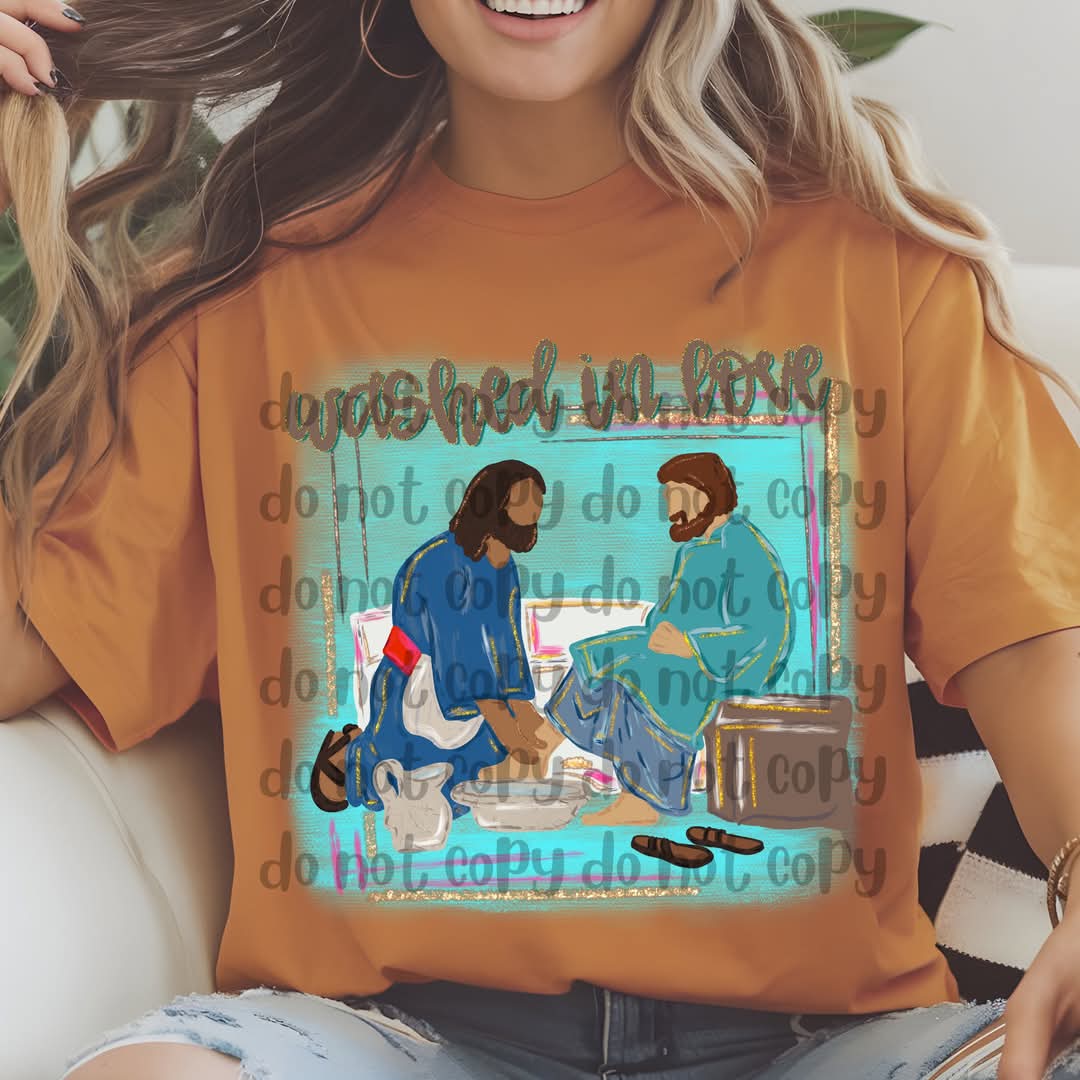 Washed in love brown Jesus washed feet hand painted drawing - DTF TRANSFER