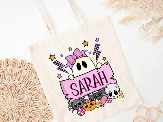 Pink beanie ghost - DTF TRANSFER (personalized halloween tote bag print)