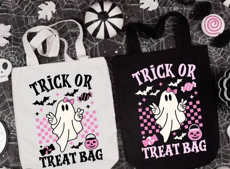 Pink ghost trick or treat - DTF TRANSFER (personalized halloween tote bag print)