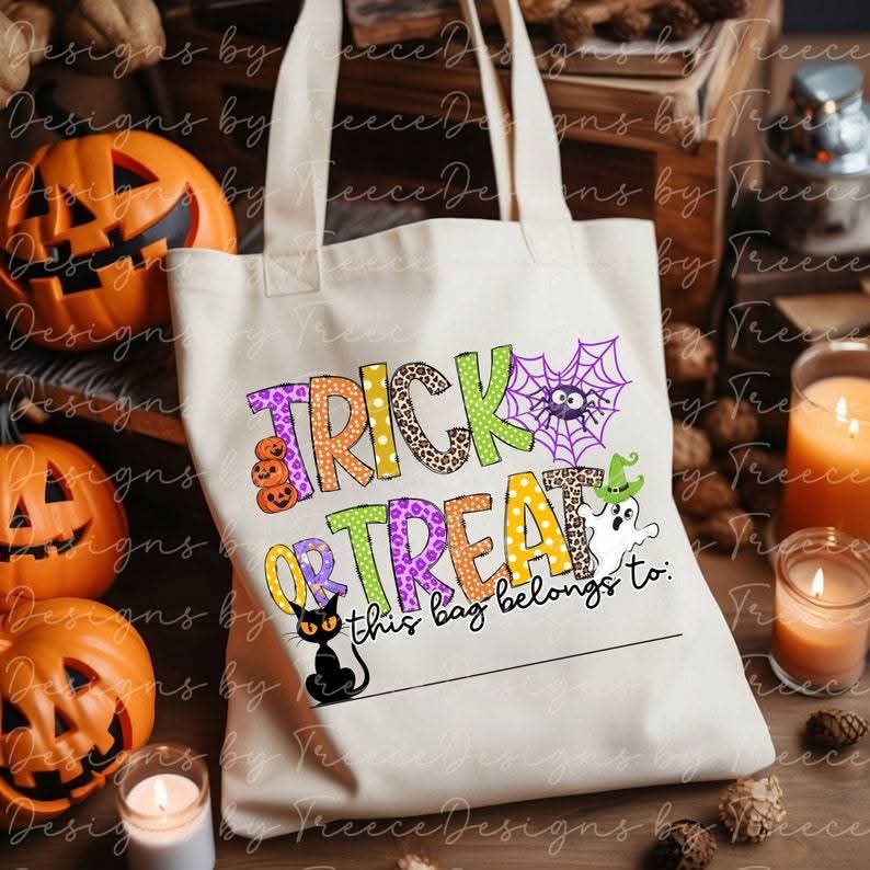 Trick or treat this bag belongs to - DTF TRANSFER (personalized halloween tote bag print)