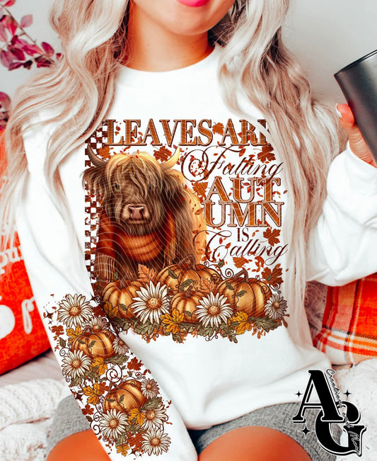 Leaves are falling autumn is calling highland cow (DTF TRANSFER) AGCM