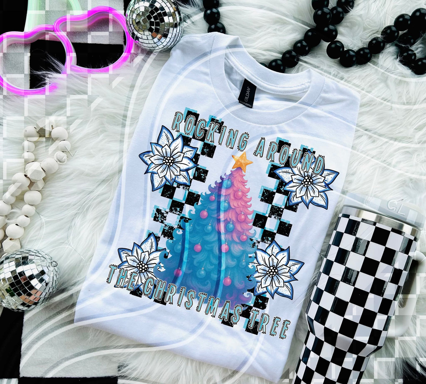 Rocking around the Christmas tree checkered - DTF TRANSFER (GLD925)