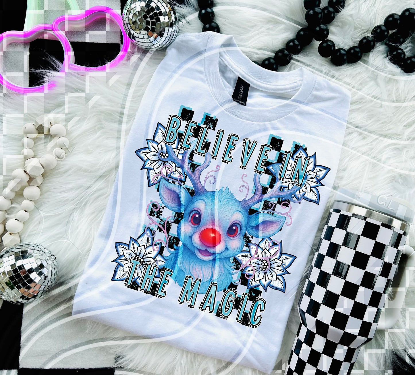 Believe in the magic Rudolph checkered - DTF TRANSFER (GLD925)