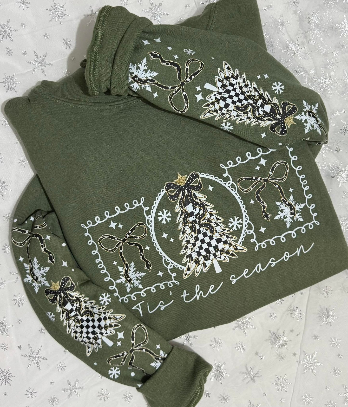 Tis the season Christmas tree bow white - DTF TRANSFER (CSC)