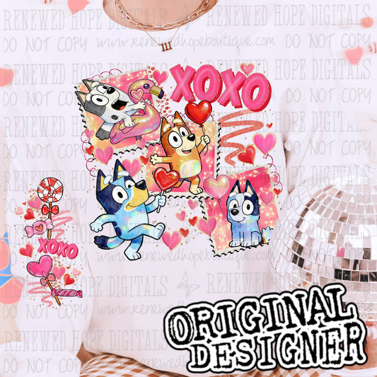 Blue dog XOXO Valentine's - DTF TRANSFER (RHD)