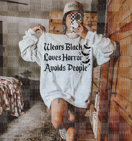 Wears black, loves horror, avoids people - DTF TRANSFER (UMC J26)