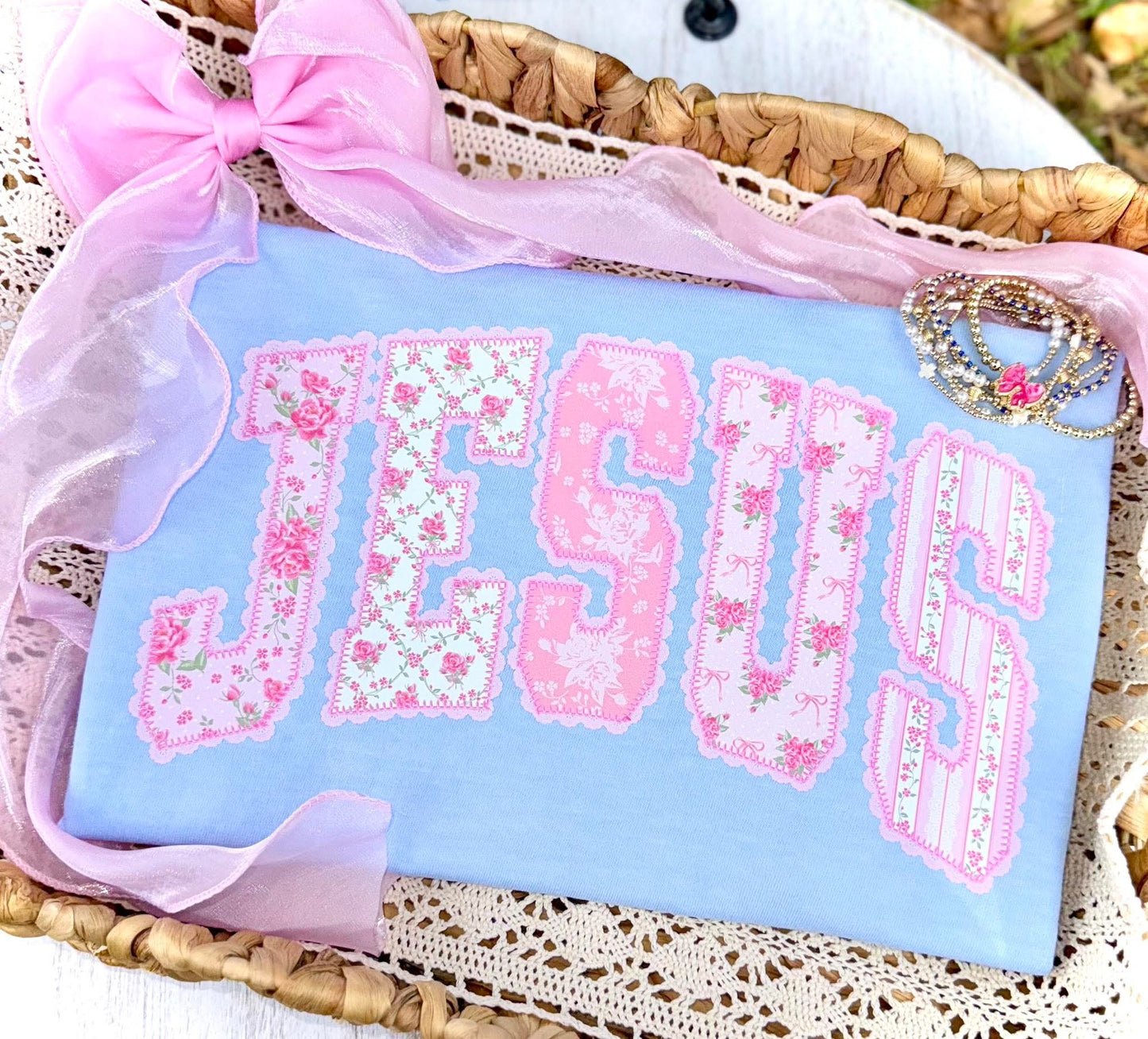 Jesus pink floral stitched - DTF TRANSFER