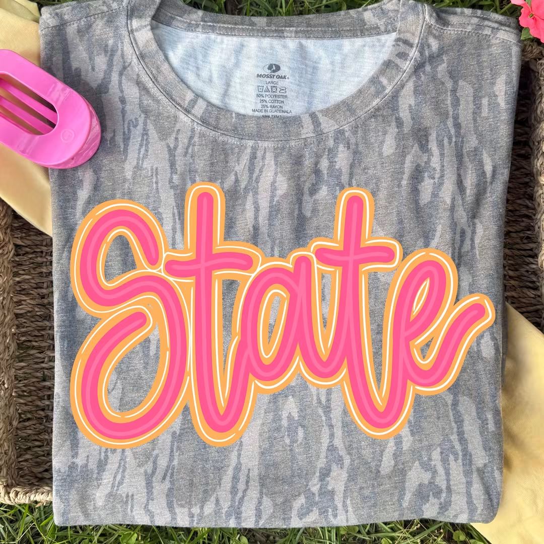 State orange pink script DTF Transfer