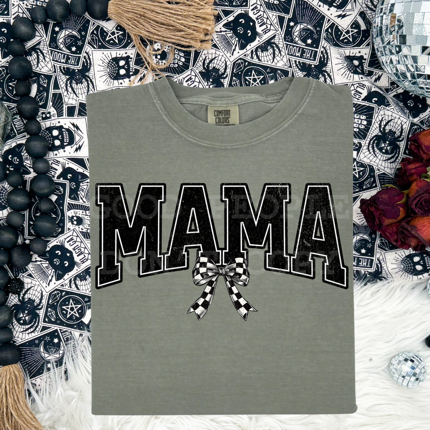 Mama black coquette bow checkered - DTF TRANSFER