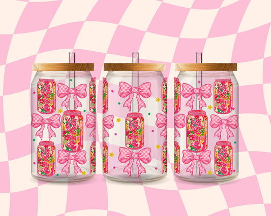 CC floral bow coquette grid - UV dtf wrap 16oz libbey : MMDD