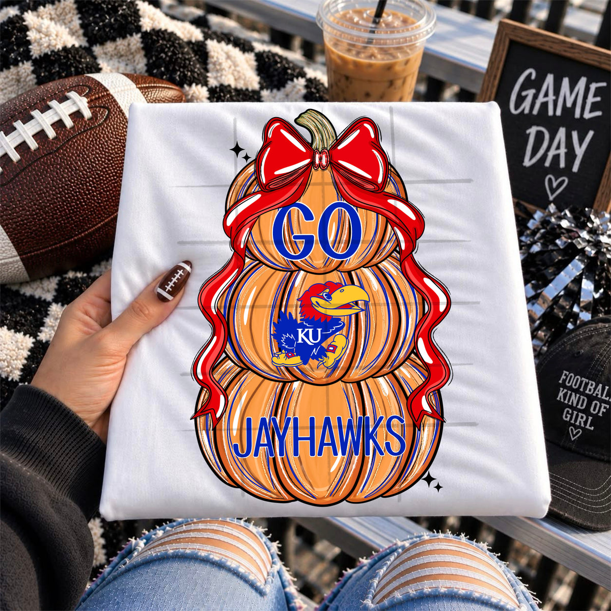 JAY HAWKS football pumpkins bow - DTF TRANSFER (TDC)
