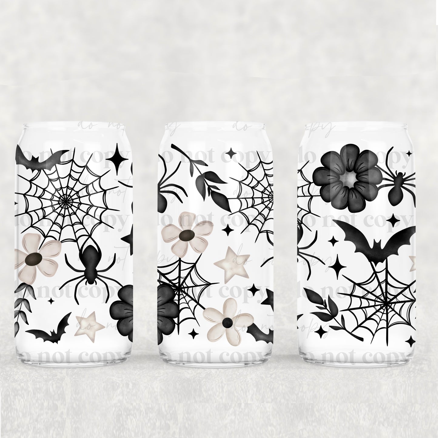 Black & cream floral spiderwebs spooky  - UV dtf wrap 16oz libbey : CSC