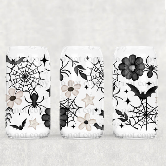 Black & cream floral spiderwebs spooky  - UV dtf wrap 16oz libbey : CSC
