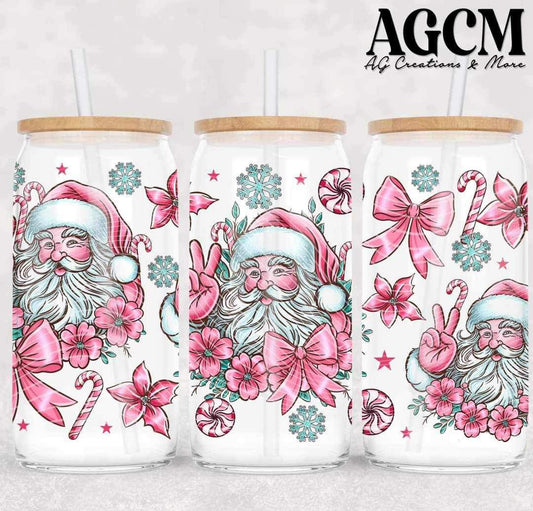 Pink Santa - FOR Libbey glass can 16oz UV DTF cup wrap decal (AGCM Oct24)