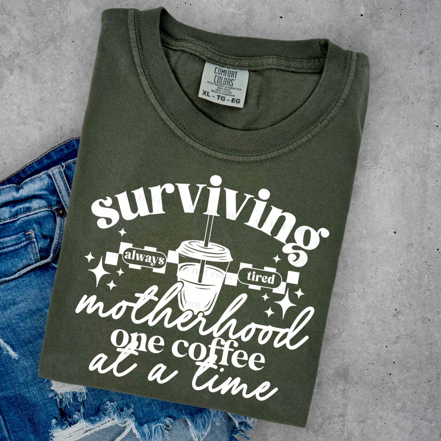 Surviving motherhood white -DTF TRANSFER (CSC)