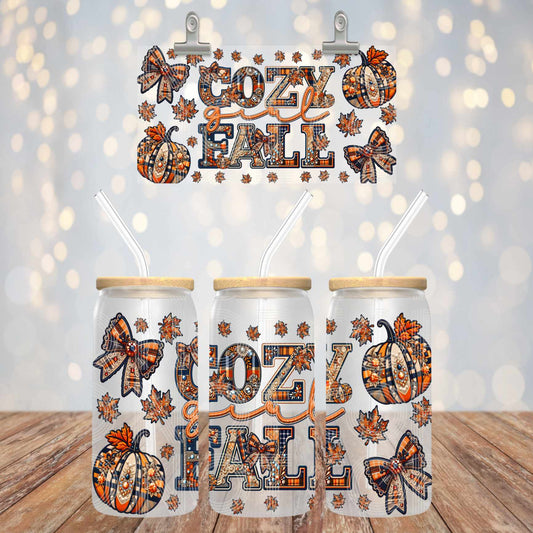 Cozy girl fall - Libbey glass can 16oz UV DTF cup wrap decals for tumblers (TED)