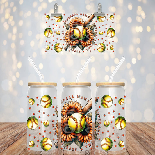 Softball Mama Sunflowers - UV dtf wrap 16oz libbey : TED