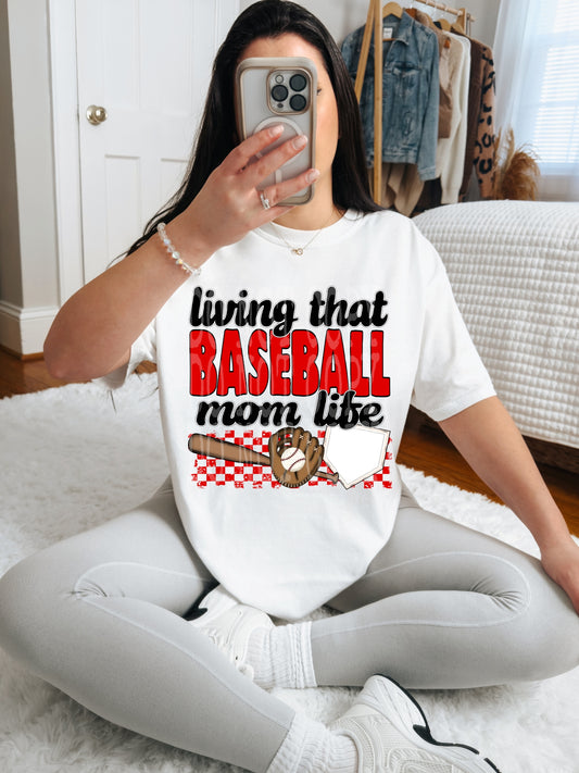 Living That Baseball Mom Life (Red)- DTF TRANSFER (DDVA FDC Sports Collab)