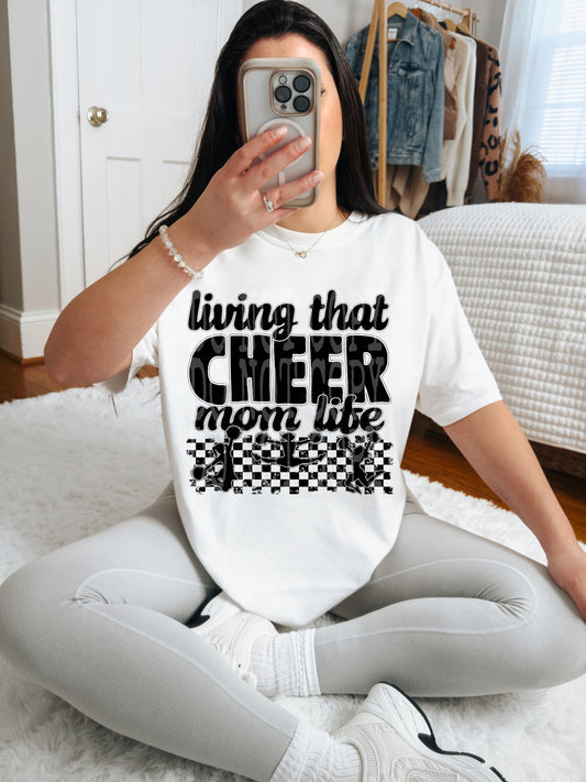 Living That Cheer Mom Life (Black)- DTF TRANSFER (DDVA FDC Sports Collab)