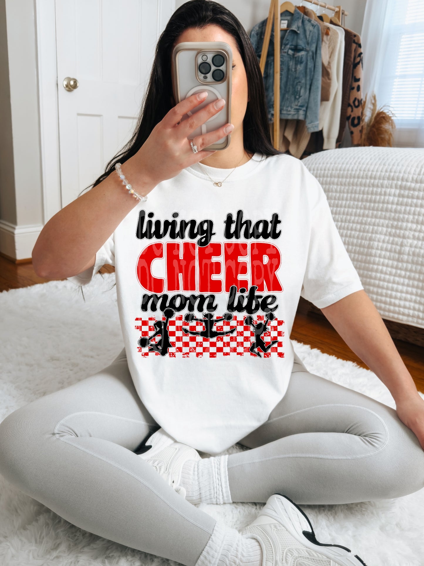 Living That Cheer Mom Life (Red)- DTF TRANSFER (DDVA FDC Sports Collab)