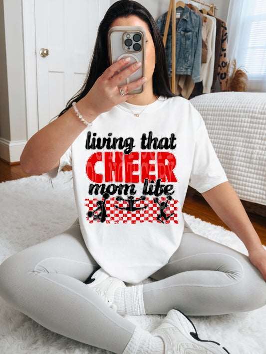 Living That Cheer Mom Life (Red)- DTF TRANSFER (DDVA FDC Sports Collab)
